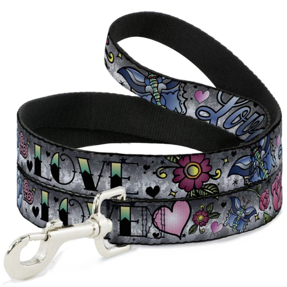 NEW!! Buckle-Down 4ft Black Grey Love Tattoo Series Dog Leash - Made in the USA!